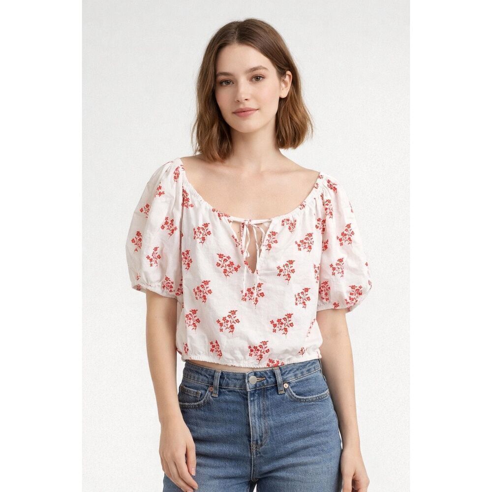 H&M Linen Blend Floral Crop Top White Red Peasant Blouse S